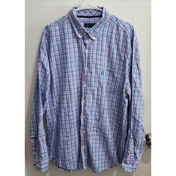 johnnie-O Shirt Mens Large Blue Plaid Button Long Sleeve Linen Blend Surfer XL - Picture 1 of 12